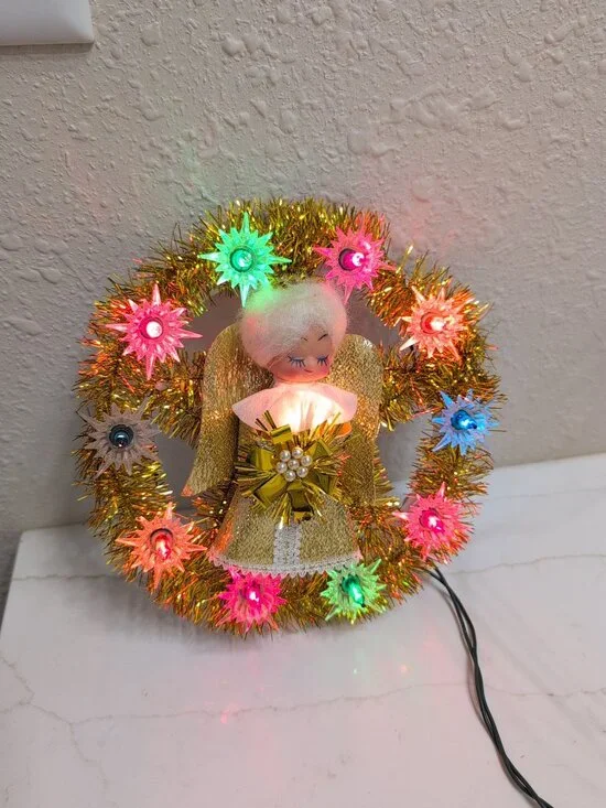 Vintage Light Up Angel Wreath Gold Tinsel Flashing Lights Retro Christmas 7” - Picture 4 of 12